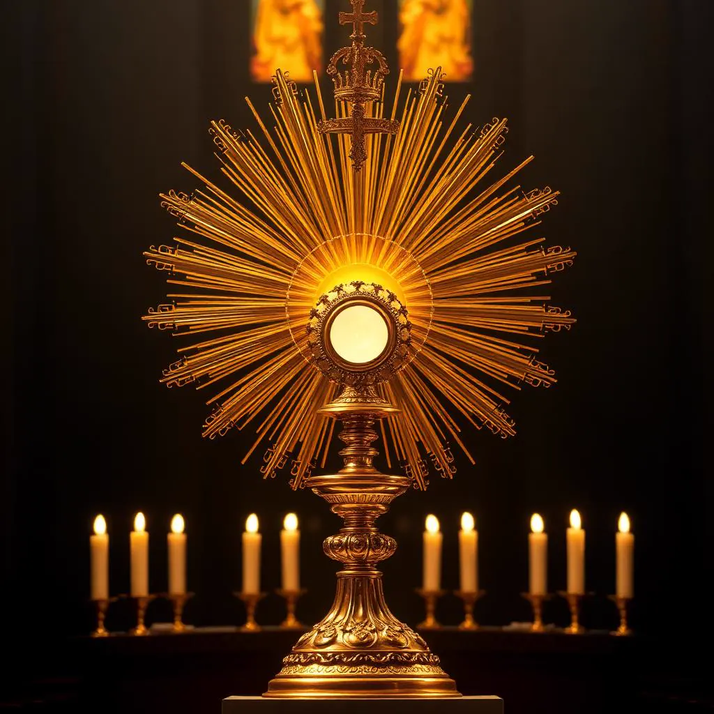 Golden monstrance displaying the Eucharist with radiating rays and candlelight